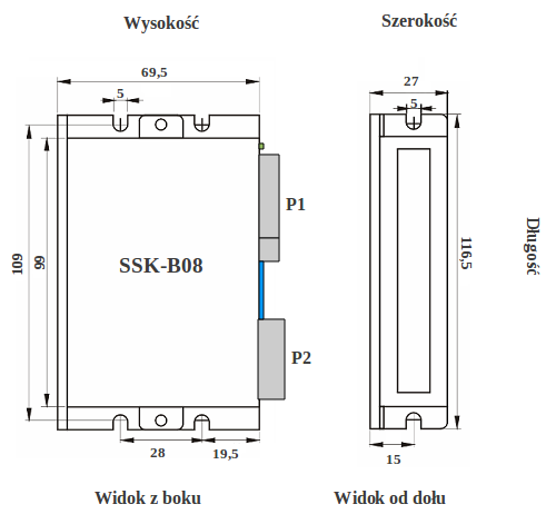 Rysunek z wymiarami sterownika silników krokowych SSK-B08